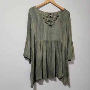 Vision‎ USA Olive Green Lattice V-Neck Babydoll Tunic Top Bell Sleeve Large
